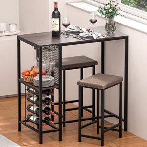 toolf dining table set, bar table and chairs set with wine shelf, 3-piece dining table set with stroge shelf, bar height counter industrial breakfast table set for kitchen, living room