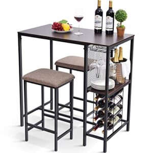 TOOLF Dining Table Set, Bar Table and Chairs Set with Wine Shelf, 3-Piece Dining Table Set with Stroge Shelf, Bar Height Counter Industrial Breakfast Table Set for Kitchen, Living Room