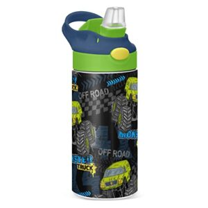 monster truck car kids bpa free water bottle 14 oz insulated stainless steel toddler flask with leak proof lid double walled kids water cup for kids - green