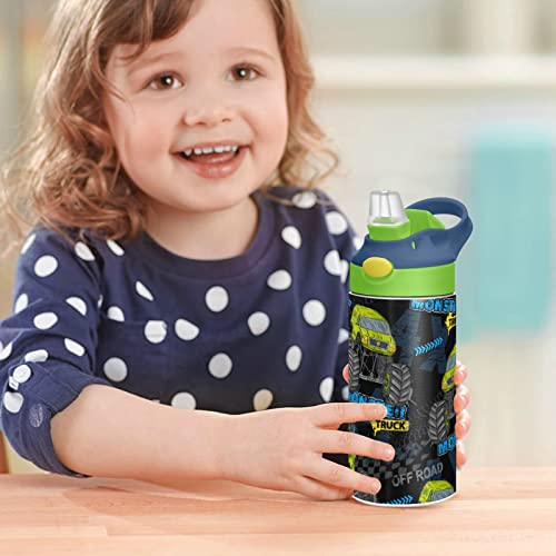 Monster Truck Car Kids BPA Free Water Bottle 14 oz Insulated Stainless Steel Toddler Flask with Leak Proof Lid Double Walled Kids Water Cup for Kids - Green