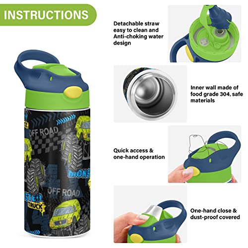 Monster Truck Car Kids BPA Free Water Bottle 14 oz Insulated Stainless Steel Toddler Flask with Leak Proof Lid Double Walled Kids Water Cup for Kids - Green