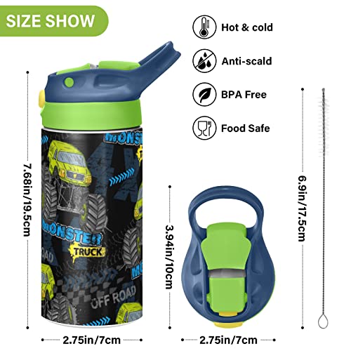 Monster Truck Car Kids BPA Free Water Bottle 14 oz Insulated Stainless Steel Toddler Flask with Leak Proof Lid Double Walled Kids Water Cup for Kids - Green