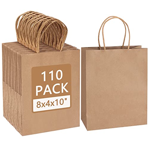 Moretoes 110pcs Paper Gift Bags Brown Paper Bags with Handles, 8x4x10 Inch Medium Sizes Gift Bags Bulk, Paper Bags for Small Business, Shopping Bags, Retail Bags, Party Bags, Favor Bags