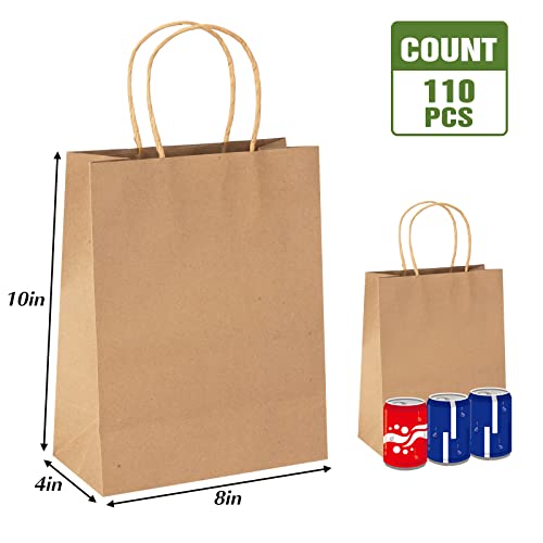 Moretoes 110pcs Paper Gift Bags Brown Paper Bags with Handles, 8x4x10 Inch Medium Sizes Gift Bags Bulk, Paper Bags for Small Business, Shopping Bags, Retail Bags, Party Bags, Favor Bags