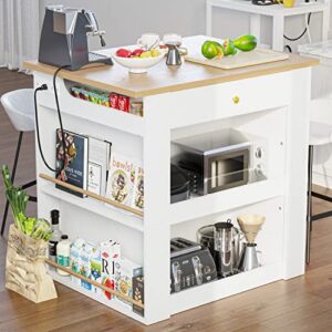 IRONCK Kitchen Island with Storage, Large Organized Storage Space with Power Strip, 2-Door Cabinet and 2 Open Shelves/Dual Side Drawers/5 Open Spice Racks, 29.5" D x 39.4" W x 37.8" H, White
