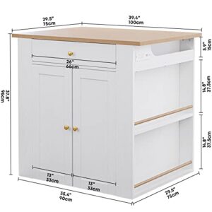 IRONCK Kitchen Island with Storage, Large Organized Storage Space with Power Strip, 2-Door Cabinet and 2 Open Shelves/Dual Side Drawers/5 Open Spice Racks, 29.5" D x 39.4" W x 37.8" H, White
