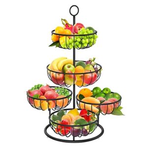 5 tier fruit basket for kitchen counter, large capacity metal wire countertop fruit bowl vegetables storage, detachable snacks stand holder organizer for onions potatoes produce, black