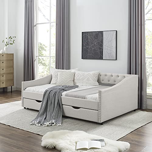 GEEVIVO Daybed with Two Storage Drawers,Full Size Upholstered Tufted Sofa Bed with Nailhead Trim,Mid-Century Twin Wood Sofa Bed for Living Room,Guest Room,Bedroom