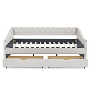 GEEVIVO Daybed with Two Storage Drawers,Full Size Upholstered Tufted Sofa Bed with Nailhead Trim,Mid-Century Twin Wood Sofa Bed for Living Room,Guest Room,Bedroom