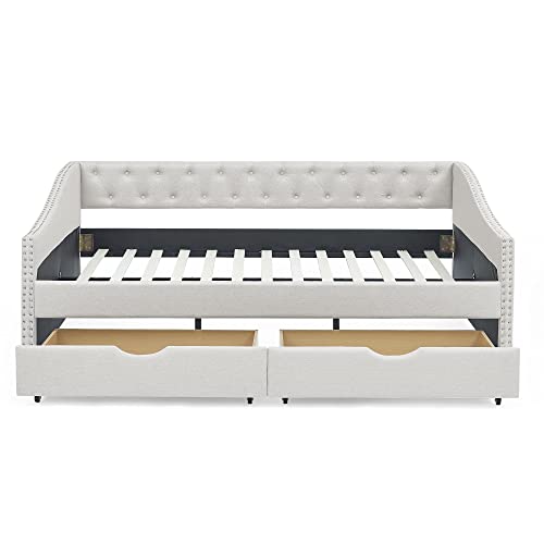 GEEVIVO Daybed with Two Storage Drawers,Full Size Upholstered Tufted Sofa Bed with Nailhead Trim,Mid-Century Twin Wood Sofa Bed for Living Room,Guest Room,Bedroom