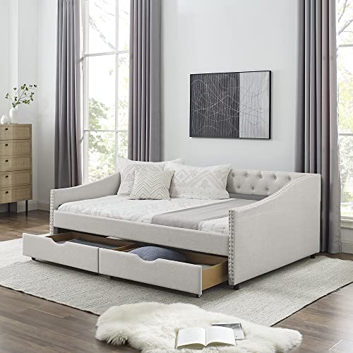 GEEVIVO Daybed with Two Storage Drawers,Full Size Upholstered Tufted Sofa Bed with Nailhead Trim,Mid-Century Twin Wood Sofa Bed for Living Room,Guest Room,Bedroom