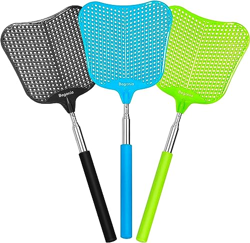 Fly Swatters-Begonia Telescopic Flyswatter Heavey Duty Set with Stainless Steel Extendable Handles for Indoor/Outdoor/Classroom/Office (3 Pack)