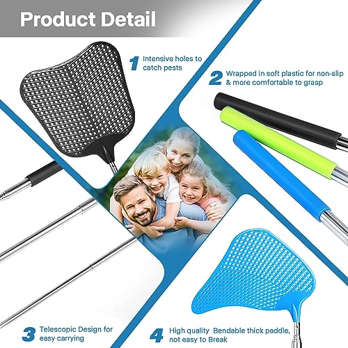 Fly Swatters-Begonia Telescopic Flyswatter Heavey Duty Set with Stainless Steel Extendable Handles for Indoor/Outdoor/Classroom/Office (3 Pack)