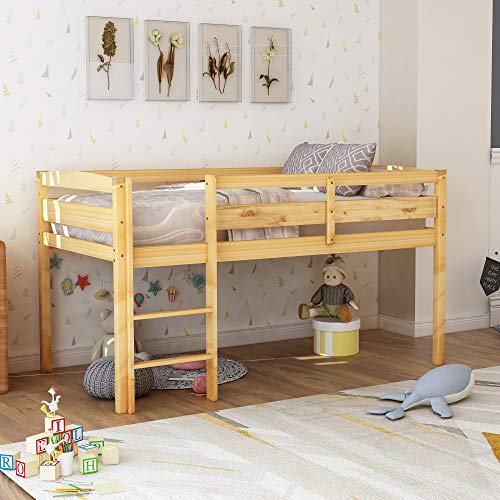 Woanke Twin Loft Bed, Solid Wood Low Loft Bed with Guard Rail and Ladder, Twin Bed for Kids Boys & Girls Room, Children Low Loft Bed with Storage for Bedroom, Walnut