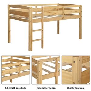 Woanke Twin Loft Bed, Solid Wood Low Loft Bed with Guard Rail and Ladder, Twin Bed for Kids Boys & Girls Room, Children Low Loft Bed with Storage for Bedroom, Walnut