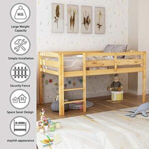 Woanke Twin Loft Bed, Solid Wood Low Loft Bed with Guard Rail and Ladder, Twin Bed for Kids Boys & Girls Room, Children Low Loft Bed with Storage for Bedroom, Walnut