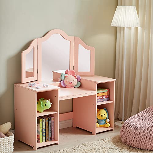 Kovhzcu Kids Vanity, 2 in 1 Princess Makeup Vanity Storage Cabinet with Detachable Top, Girls Vanity Set with Tri-fold Mirror, Kids Vanity Set with Mirror Age 3-9 (Pink)