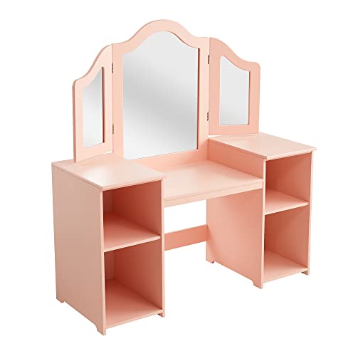 Kovhzcu Kids Vanity, 2 in 1 Princess Makeup Vanity Storage Cabinet with Detachable Top, Girls Vanity Set with Tri-fold Mirror, Kids Vanity Set with Mirror Age 3-9 (Pink)
