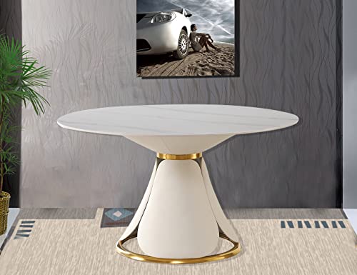 Leavader Modern Marble Round Dining Table - 53" Engineered Stone Dining Table with Round Marble Tabletop and Petal-Shaped Base, Marble White Round Dining Table for Home Kitchen