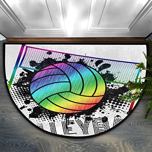 Pardick Colorful Volleyball Print Half Round Door Mat, Sport Theme Non-Slip Half Circle Area Rug Doormat Washable Half Moon Rug Indoor Entrance Doormat for Kitchen Bedroom Home Decor