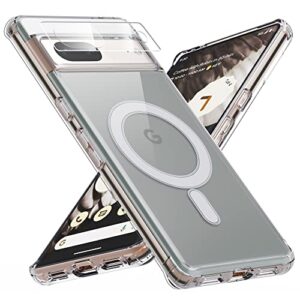 makavo for google pixel 7 case, magnetic cover compatible with magsafe, slim thin crystal clear shockproof phone shell with hard back & soft edge, camera lens protector