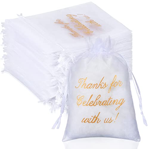 100 Pcs Thank You Bags Sheer Organza Bags Wedding Party Favor Bags with Drawstring Thanks for Celebrating with Us Gift Wrap Bags Mesh Mini Gift Bags for Jewelry Makeup Candy Sachet (White,4 x 6 Inch)