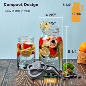 Glass Mason Jar Pitcher, 64 oz Wide Mouth Jug with Pour Spout Handle Lid for Cold Brew Coffee, Ice Beverage, Iced Juice, Lemonade, Sun Tea, Fruit Drinks Container