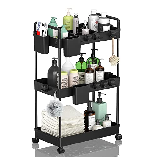 Mosxoed Slim Storage Cart Rolling Utility Cart with Wheels 3 Tier Mobile Bathroom Organizer Cart for Laundry Room Kitchen Office Narrow Space with Handle Hanging Cups Dividers, Black, 29" H