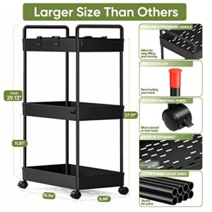 Mosxoed Slim Storage Cart Rolling Utility Cart with Wheels 3 Tier Mobile Bathroom Organizer Cart for Laundry Room Kitchen Office Narrow Space with Handle Hanging Cups Dividers, Black, 29" H
