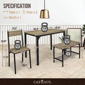 CAPHAUS 4 Pieces Dining Table Set for 4 w/Bench and Chairs, Modern Table Set for Dining Room, Home, Kitchen w/Storage Rack, Rectangle Table, Bench & Two Chairs, Space-Saving Dining Set, Grey Oak