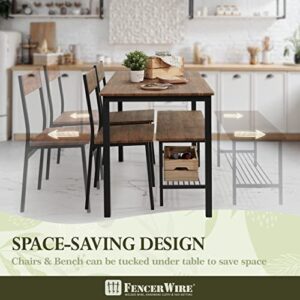 Fencer Wire 4 Pieces Dining Table Set for 4 w/Bench & Chairs, Rectangle Table, Bench & Two Chairs, Space-Saving Dining Set, Modern Table Set for Dining Room, Home, Kitchen w/Storage Rack, Teak Oak