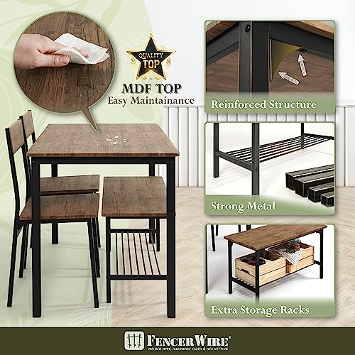Fencer Wire 4 Pieces Dining Table Set for 4 w/Bench & Chairs, Rectangle Table, Bench & Two Chairs, Space-Saving Dining Set, Modern Table Set for Dining Room, Home, Kitchen w/Storage Rack, Teak Oak