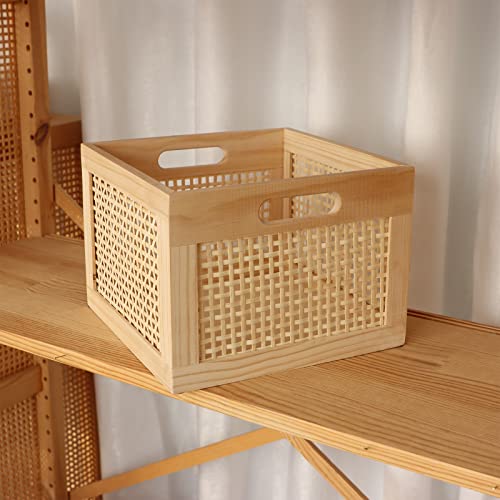 YAHUAN Bamboo Wooden Storage Box Cube Storage Organizer Bins Decorative Wood Square Basket Wood Crates Wicker Storage Cubes Basket Organizer for Home,Office,Closet,Shelf (cube bamboo)