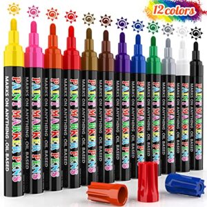 supkiz paint markers pens, 12 colors oil-based waterproof fancy paint markers, quick dry permanent push markers set for tire, rock, wood, fabric, plastic, canvas, glass, mugs, diy craft