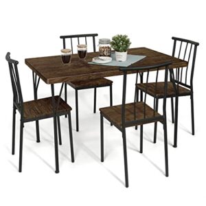 caphaus 5 pieces dining table & chairs set for 4, space-saving rectangle table w/four chairs for kitchen, dining room, breakfast nook, dinette, modern design set, brown oak