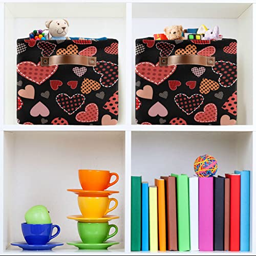 Valentines Day Love Heart Black Storage Basket Fabric Laundry Baskets Happy Valentine's Day Storage Boxes Organizer Bag for Baby Cloth Dog Toy Book Storage Cubes Shelf Closet Bins 16×12×8 Inches