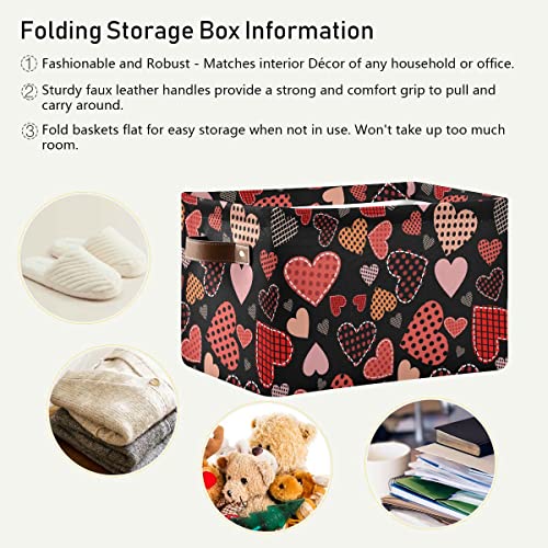 Valentines Day Love Heart Black Storage Basket Fabric Laundry Baskets Happy Valentine's Day Storage Boxes Organizer Bag for Baby Cloth Dog Toy Book Storage Cubes Shelf Closet Bins 16×12×8 Inches