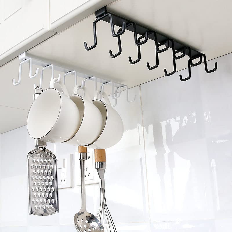 Kitchen Cabinet Mug Hook Hanging Cup Holder Multifunction Double-Row Household Wall Bathroom Organizer Storage Rack (White)