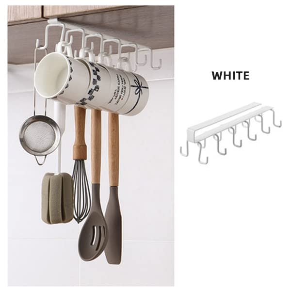 Kitchen Cabinet Mug Hook Hanging Cup Holder Multifunction Double-Row Household Wall Bathroom Organizer Storage Rack (White)