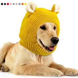 quiet ears for dogs, dog ear muffs noise protection knitted dog hats pet ears warm dog ear cover winter hat dog snood head wrap bunny costume for medium to large dogs cats pets (yellow)