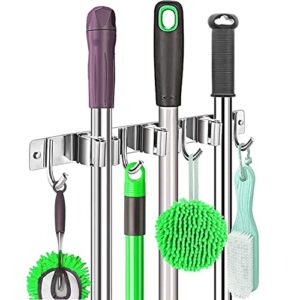 crsusukj broom and mop holder wall mounted, broom hanger, broom holder, stainless steel heavy duty broom racks, heavy duty storage organization for home kitchen garden garage room(3 racks 4 hooks)