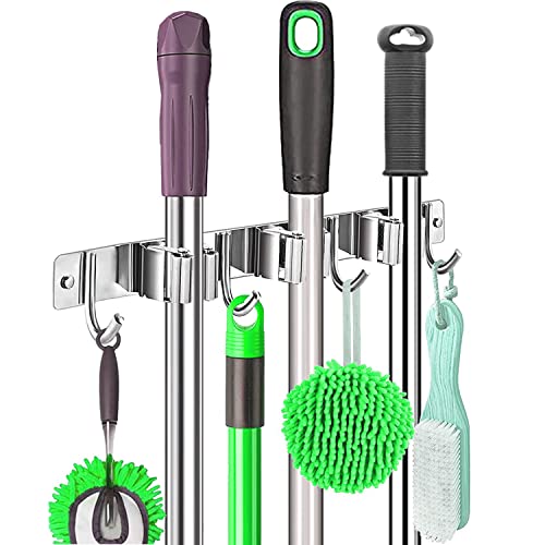 CRSUSUKJ Broom and Mop Holder Wall Mounted, Broom Hanger, Broom Holder, Stainless Steel Heavy Duty Broom Racks, Heavy Duty Storage Organization for Home Kitchen Garden Garage Room(3 Racks 4 Hooks)