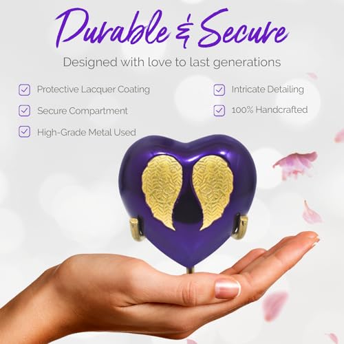 Purple Heart Cremation Urns for Women - Angel Wings Small Urn with Box & Stand - Small Keepsake Urn Heart Shaped Angel - Mini Urn Heart Shaped - Honor Your Loved One with Memorial Cremation Urn