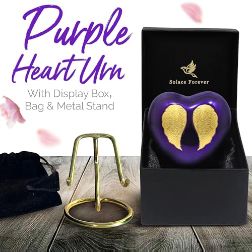 Purple Heart Cremation Urns for Women - Angel Wings Small Urn with Box & Stand - Small Keepsake Urn Heart Shaped Angel - Mini Urn Heart Shaped - Honor Your Loved One with Memorial Cremation Urn