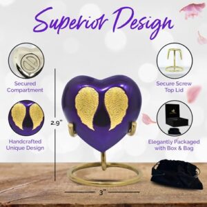 Purple Heart Cremation Urns for Women - Angel Wings Small Urn with Box & Stand - Small Keepsake Urn Heart Shaped Angel - Mini Urn Heart Shaped - Honor Your Loved One with Memorial Cremation Urn