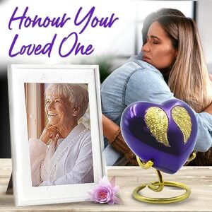Purple Heart Cremation Urns for Women - Angel Wings Small Urn with Box & Stand - Small Keepsake Urn Heart Shaped Angel - Mini Urn Heart Shaped - Honor Your Loved One with Memorial Cremation Urn