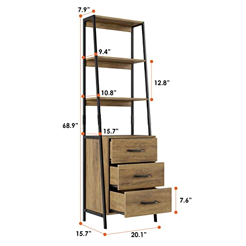 HITHOS 4-Tier Bookshelf, Tall Bookcase with 3 Wooden Drawers, Modern Ladder Book Shlef Storage Organizer for Living Room, Entryway, Office, Rustic Brown