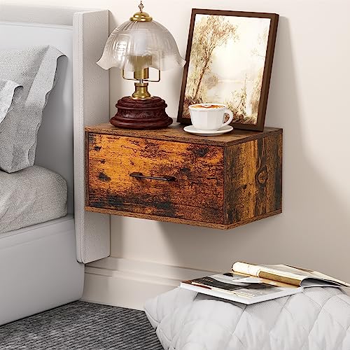 Filano Floating Nightstand with Drawer Rustic Wood Wall Mounted Nightstand Small Nightstand Floating Bedside Table Floating Shelf with Drawer