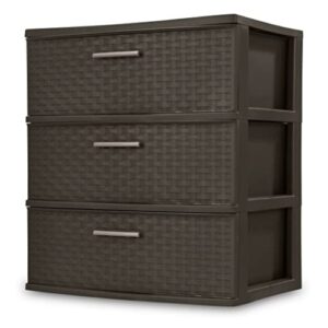 spacious 3-drawer wide weave design storage tower with pull handles, organizer unit for bedroom, closet, entryway, hallway, nursery room - storage bins, brown, 15.86 x 21.86 x 24 inches