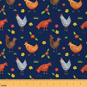 colorful chicken fabric by the yard watercolor hand painted farm livestock fabric for chairs decoration diy gifts home decor childish floret rustic plants fabric for kids boys girls,1 yard